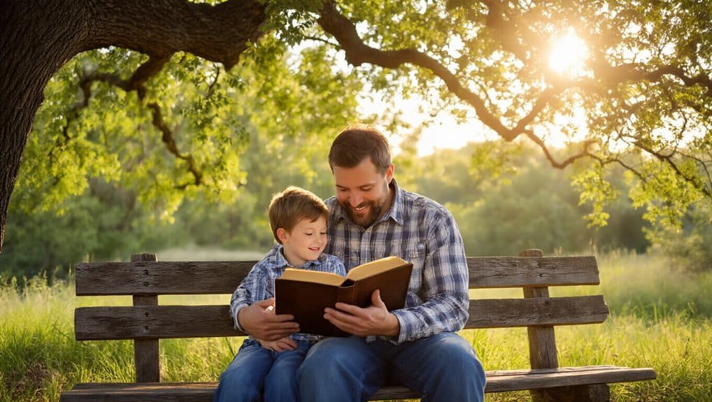 Peaceful outdoor scene with a father and son reading the Bible together under a tree at sunset, emphasizing faith, family, and devotion.