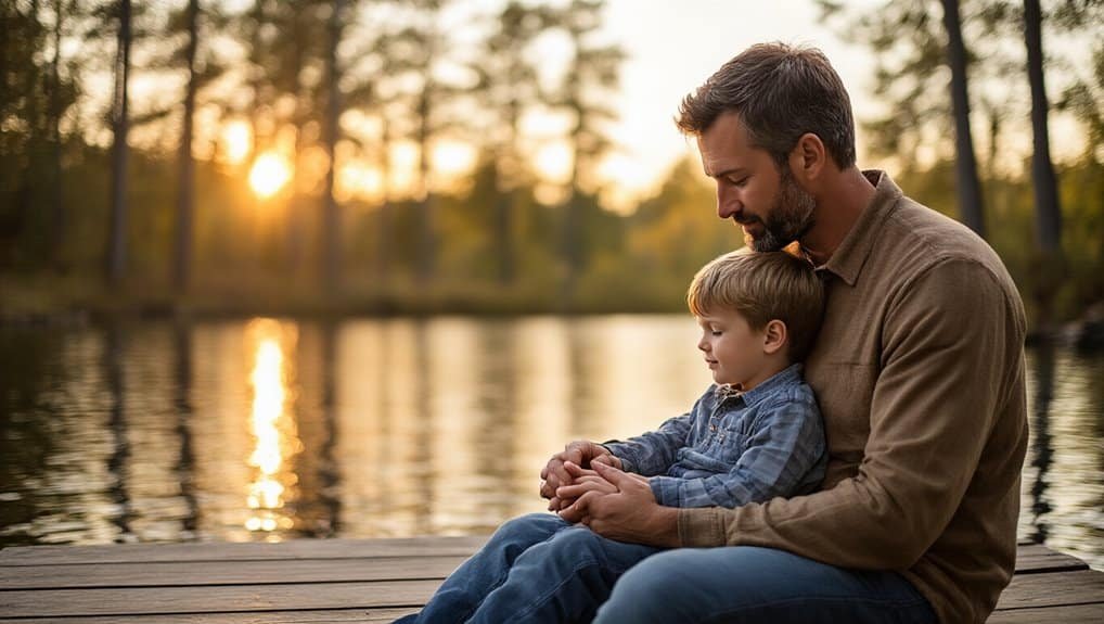 Peaceful moment of a father and son praying by the lake during sunset, emphasizing faith, family bonds, and Christian music from My Bible Song.