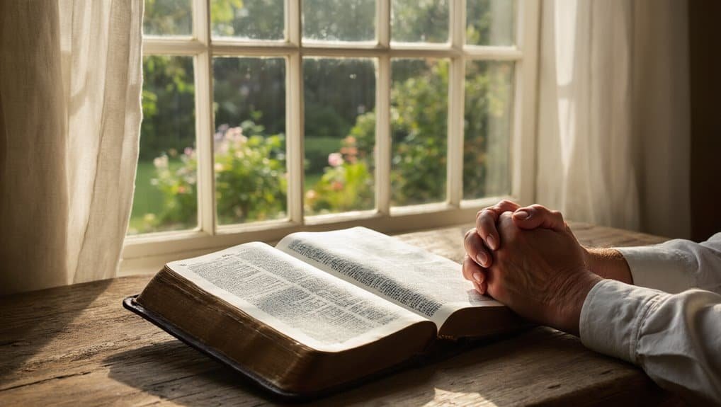 Bible opened on wooden table with hands in prayer, lit by sunlight through window, creating a peaceful and spiritual atmosphere for prayer and reflection.