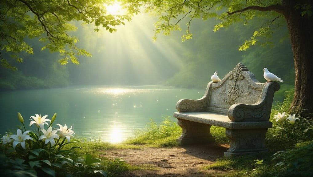 Serene park scene with stone bench, white doves, peaceful river, lush green trees, and sunlight filtering through leaves, ideal for inspirational or religious content like My Bible Song.