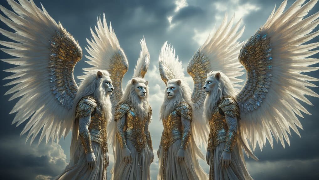 Majestic winged lions with angel wings and golden armor, symbolizing spiritual strength and divine power, set against a dramatic cloudy sky. Perfect imagery for Christian worship and faith-based content.