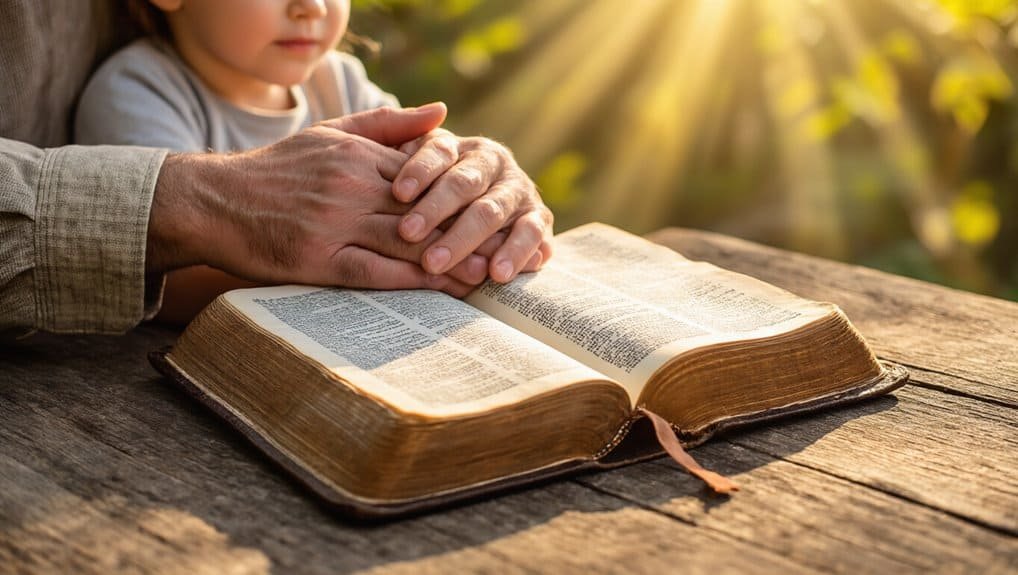 Father’s Day Quotes from the Bible to Honor Dad My Bible Song 2026 Old Bible with praying hands, sunlight, outdoor setting, faith, spiritual reflection, Christian worship, prayer, religious devotion, biblical study, peace, serenity, inspirational.