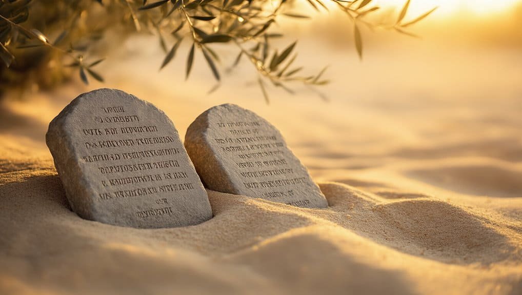 Ancient stone tablets with biblical scripture resting on sandy ground, illuminated by warm sunset light, symbolizing faith, spirituality, and the timeless message of the Bible.