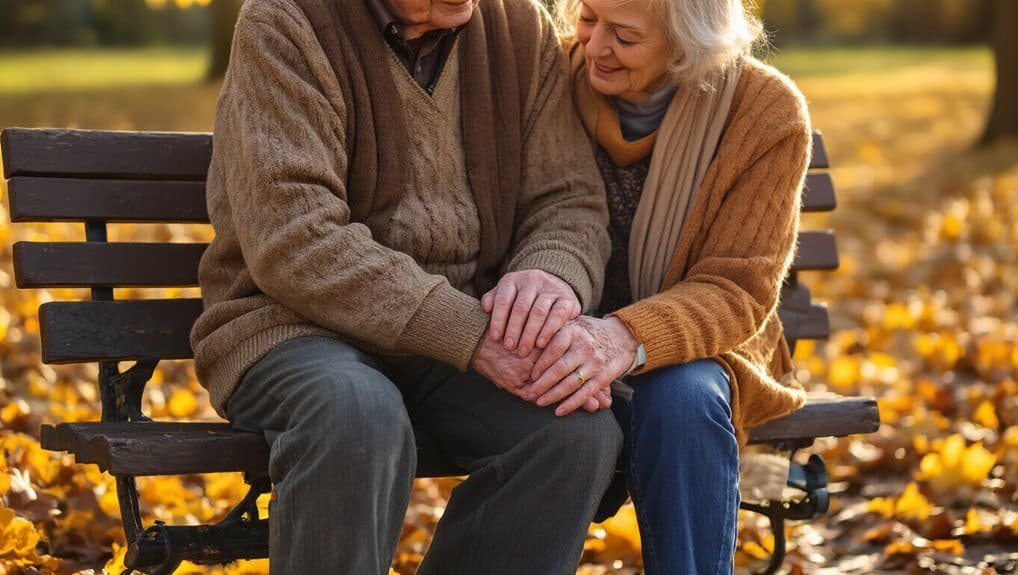Respectful elderly couple holding hands on park bench, autumn scene, celebrating love and faith, church community, inspirational Bible song, spiritual connection, age-related compassion, Christian encouragement.