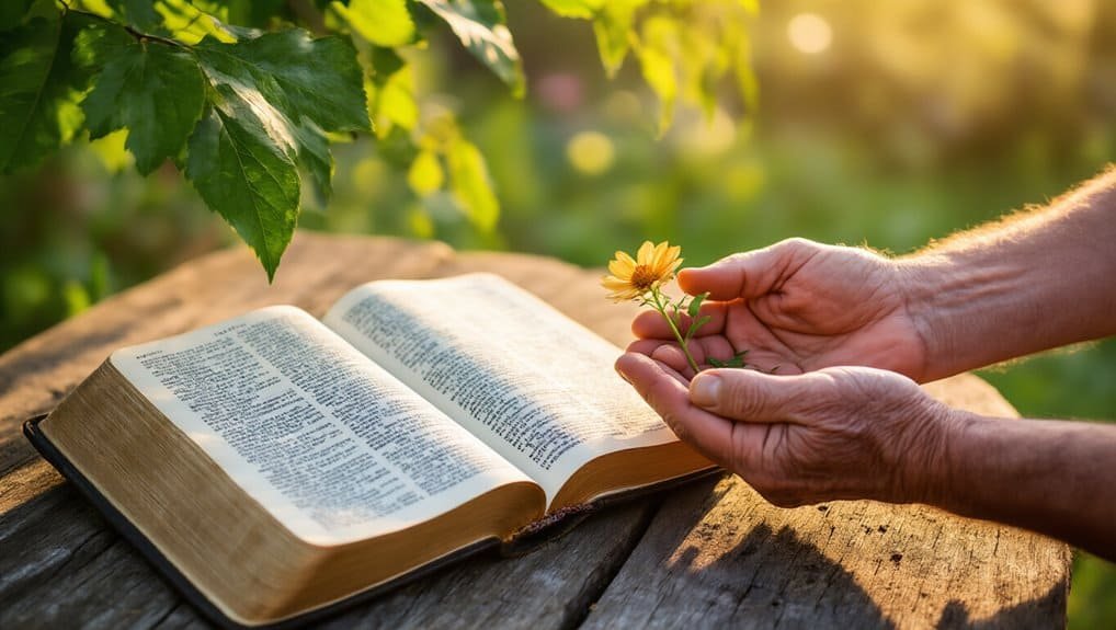 Father’s Day Quotes from the Bible to Honor Dad My Bible Song 2026 Open Bible on wooden surface with hands holding a yellow flower in a serene outdoor setting, symbolizing faith, spiritual growth, and worship. Perfect for Christian prayer, Bible study, and religious reflection.