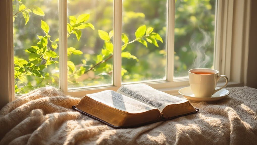 Peaceful morning with an open Bible and a steaming cup of tea by the window, symbolizing spiritual reflection and worship through Christian and bible songs on My Bible Song platform.