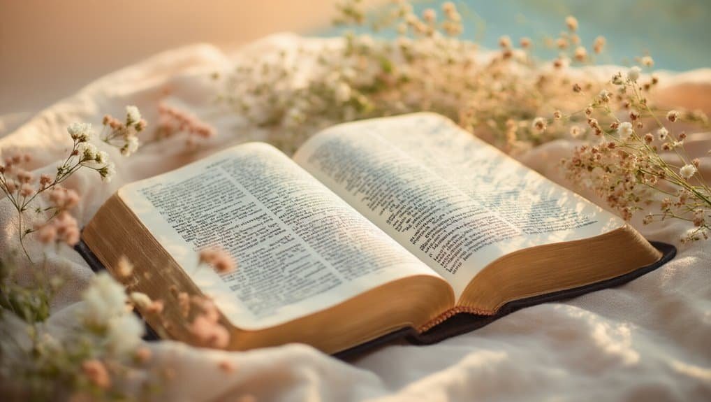 Aesthetic Bible Verses to Inspire Faith Daily My Bible Song 2026 Bible open with flowers on a soft cloth, highlighting Christian faith and scripture reading for spiritual growth.
