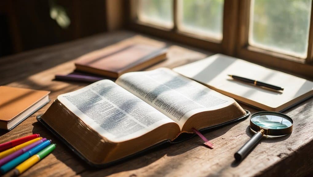 Bible open on wooden table with notebooks, pens, and magnifying glass for church study or devotional, emphasizing biblical study tools and peaceful prayer moments.