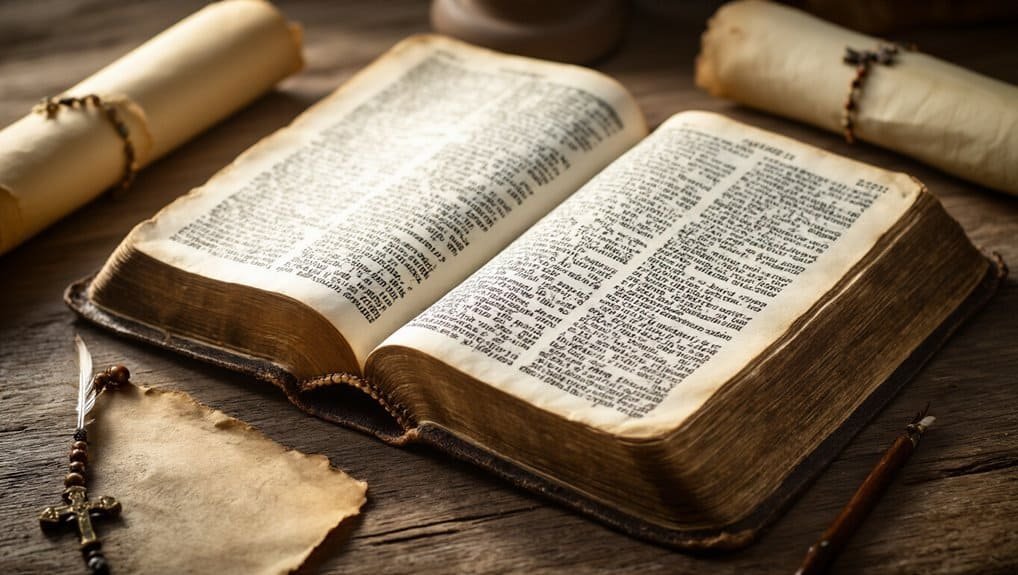 Old Bible open on wooden table with scrolls and prayer beads, representing Christian faith and Bible teachings.