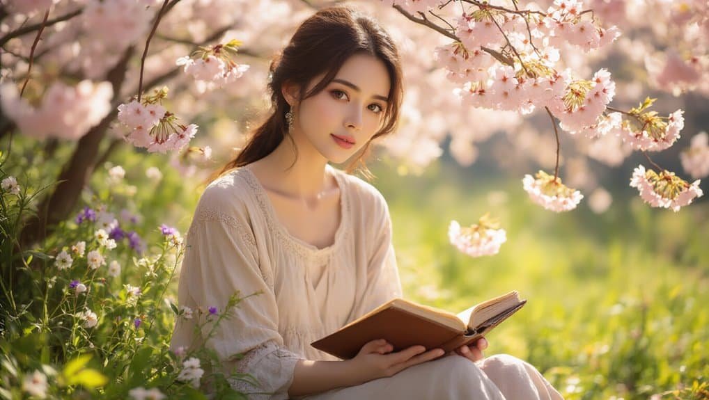 Serene woman reading a Bible outdoors under cherry blossom trees, emphasizing faith, spirituality, and peaceful meditation with Christian music and hymns.