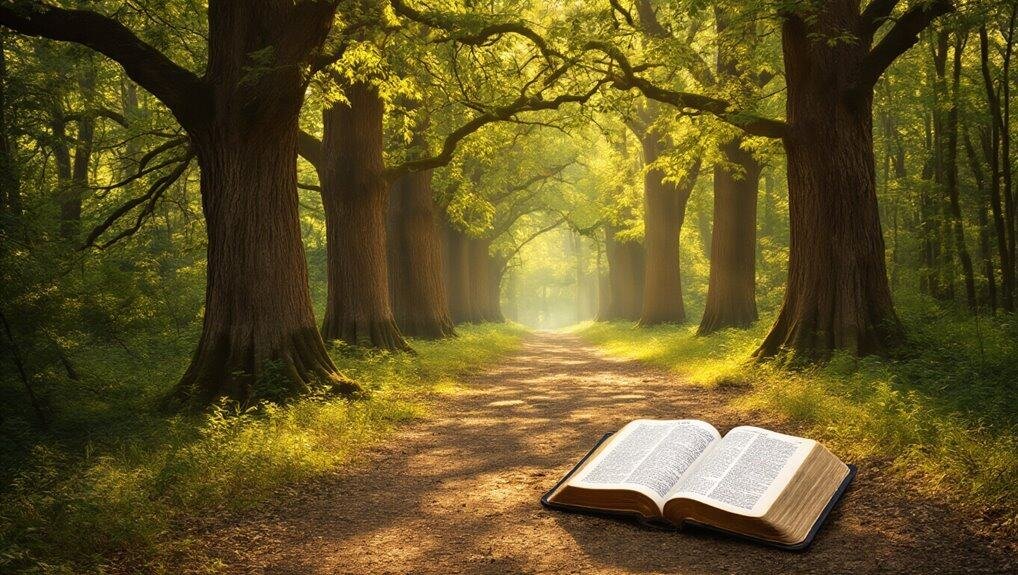 What Does Bible Verse 4:20 Teach Us? Meaning and Life Lessons My Bible Song 2026 Serene forest path with sunlight filtering through tall trees, open Bible on dirt trail, nature scenery, spiritual journey, faith, religious inspiration, peaceful outdoor setting, Christian devotion, biblical meditation, religious reading, My Bible Song.