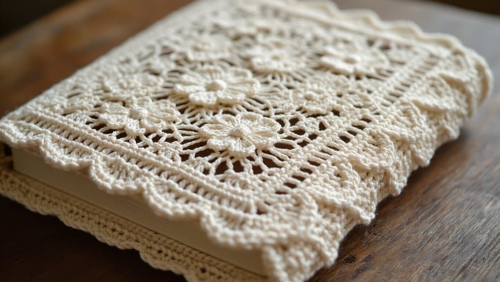 Delicate lace crochet Bible cover with intricate floral patterns, protecting your sacred scriptures with beauty and grace. Perfect for Bible lovers seeking a handmade, stylish Bible accessory.