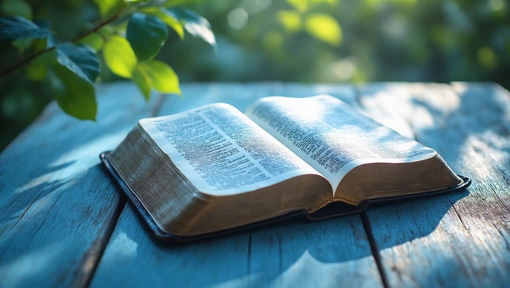 Open Bible on rustic wooden table outdoors with sunlight and greenery background for Christian faith and worship inspiration.