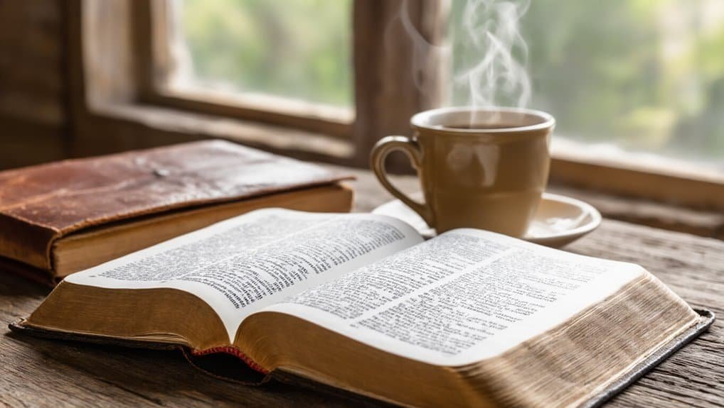 What Insights Can We Gain From Bible Verse 1 Timothy 4:16? My Bible Song 2026 Open Bible on wooden table with steaming coffee cup and window view, creating a peaceful setting for Bible reading and devotional study, perfect for prayer and spiritual reflection.