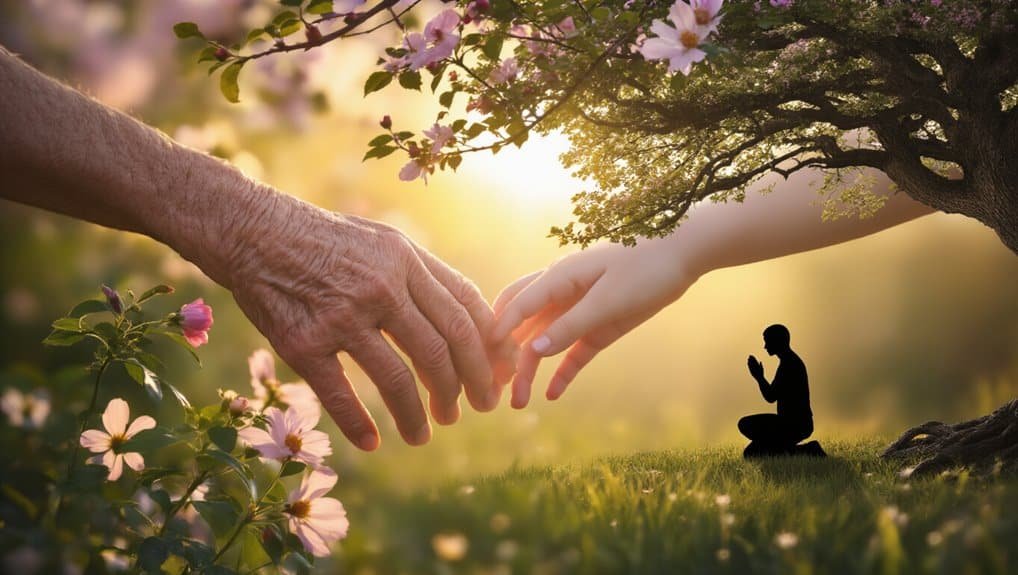 Powerful Bible Verses About Love for Daily Life My Bible Song 2026 Hand in hand, symbolizing faith and prayer, with a praying person under a tree, illustrating devotion and spiritual connection inspired by My Bible Song's faith-based message.