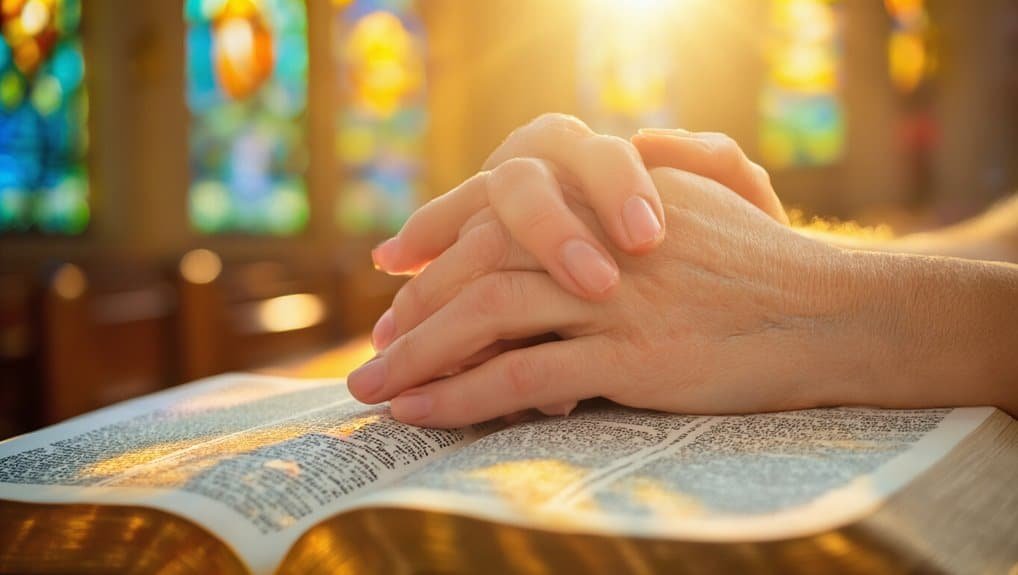 Powerful Bible Verses About Love for Daily Life My Bible Song 2026 Praying hands over open Bible in church with stained glass windows, inspiring Christian worship, Bible study, faith, prayer, and devotion concepts.