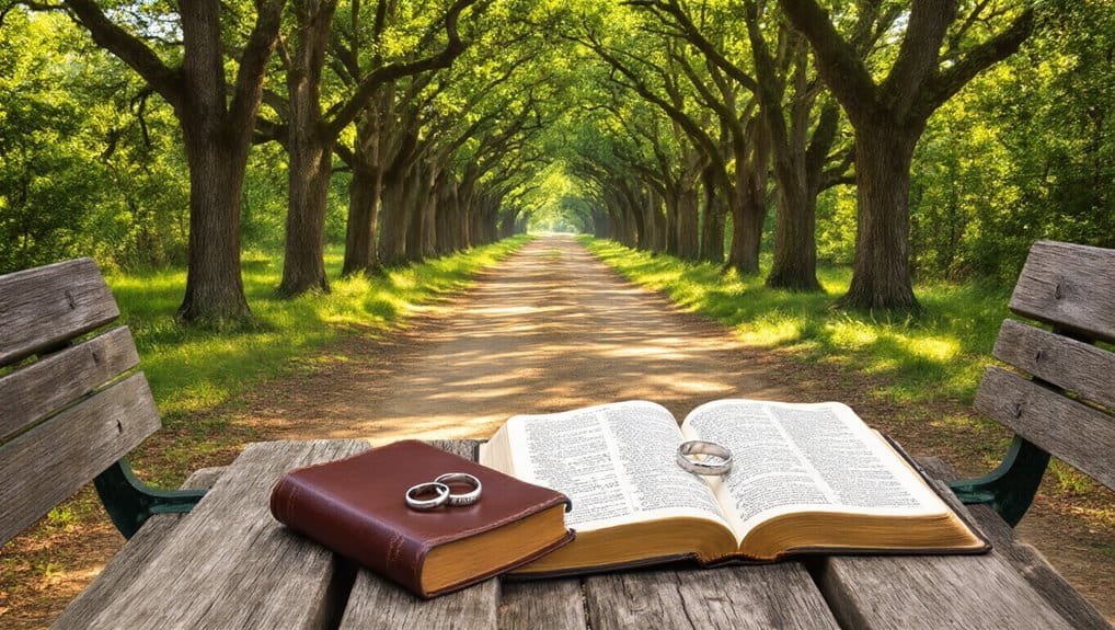 Rich Bible study scene with an open Bible, wedding rings, and a leather journal on a wooden park bench under a canopy of lush green trees. Perfect for faith, spirituality, and biblical inspiration.