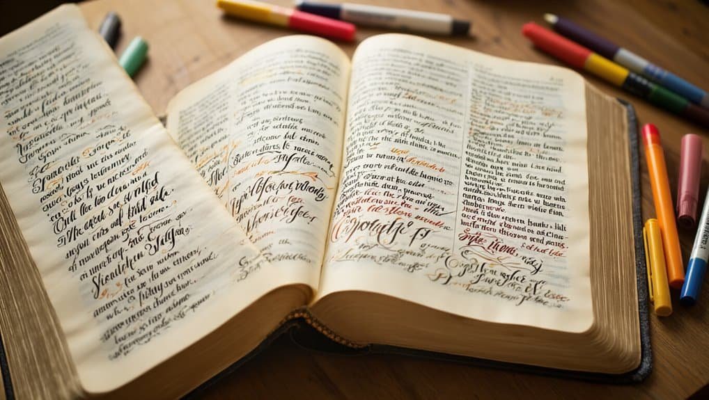Ancient open Bible with handwritten script and colorful pens, symbolizing faith, worship, and scripture study for Christian inspiration.
