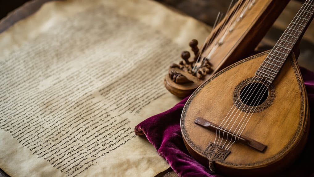 Vintage Bible with a guitar and violin, symbolizing faith-based music and Christian worship. Perfect for promoting religious songs, Bible studies, and spiritual inspiration.