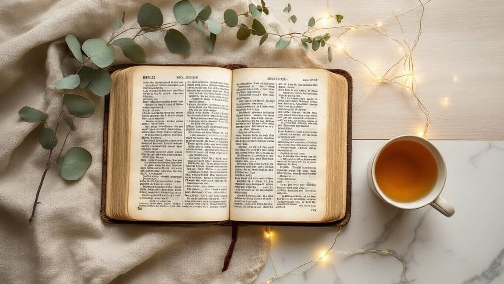 Open Bible with eucalyptus and fairy lights on wooden surface, warm cup of tea, peaceful religious atmosphere, ideal for Bible study and Christian worship.