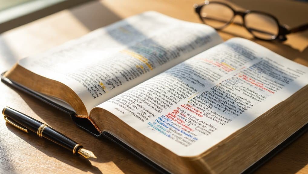 Detailed Bible pages with colorful highlights in a well-lit setting, emphasizing scripture and faith-based study.