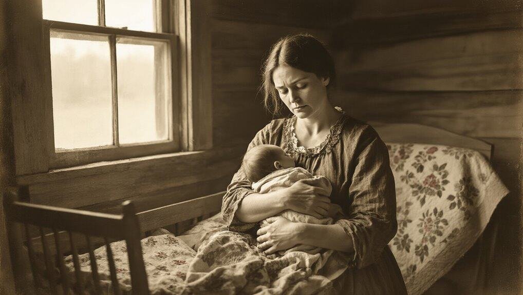 Gentlewoman holding her infant child in a rustic wooden room, capturing a tender moment of motherhood and faith, perfect for inspirational and religious content.