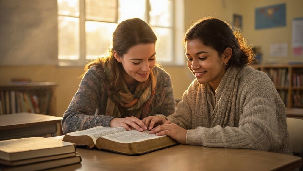 What Insights Can We Gain From Bible Verse 1 Timothy 4:16? My Bible Song 2026 Engaging girls studying the Bible together in a warm classroom, supporting faith-based learning and Christian song development. Perfect for promoting Impactful Bible Songs for Kids.