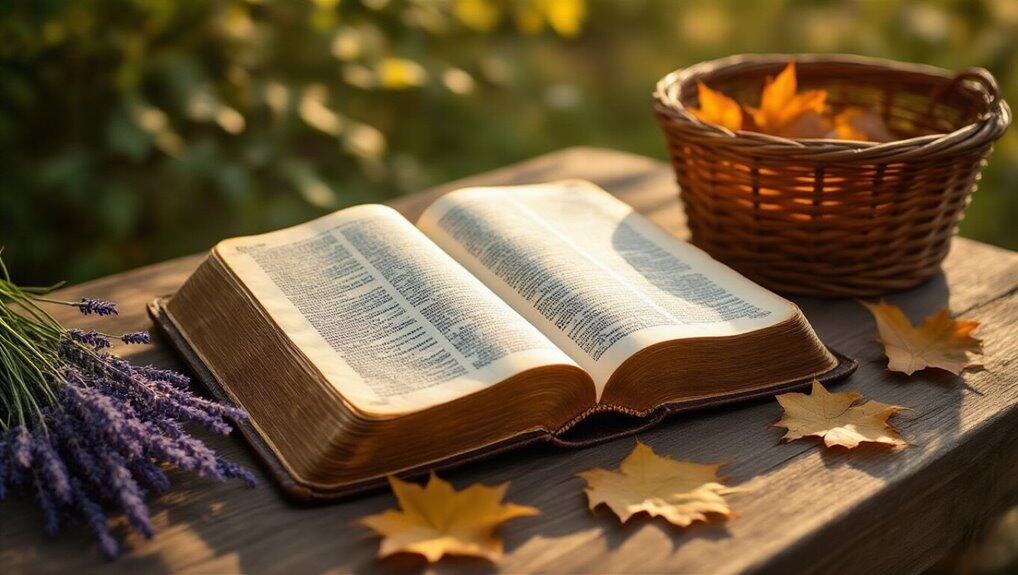 Beautiful Bible Aesthetic Pictures for Faith Inspiration My Bible Song 2026 Open Bible on wooden table with autumn leaves and lavender, outdoor scene; religious scripture, faith, Bible study, spiritual reflection, Christian prayer.