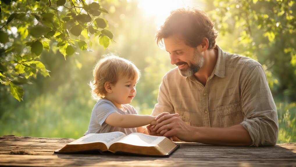 Joyful father and young daughter reading the Bible outdoors in warm sunlight, sharing faith and love, promoting children's Bible songs and spiritual growth through family prayer and biblical stories.