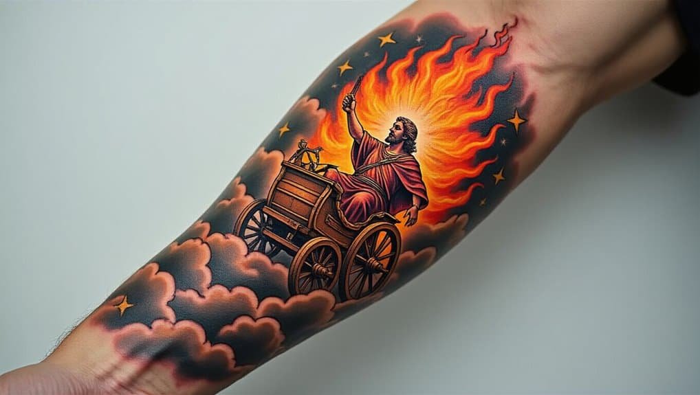 Jesus Christ tattoo with fiery halo and clouds, religious art design symbolizing faith, salvation, and spirituality, suitable for Christian-themed tattoo ideas and inspiration.
