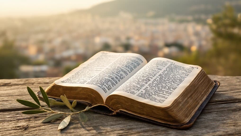 Bible open on wooden table with city view, symbolizing faith and spiritual growth.