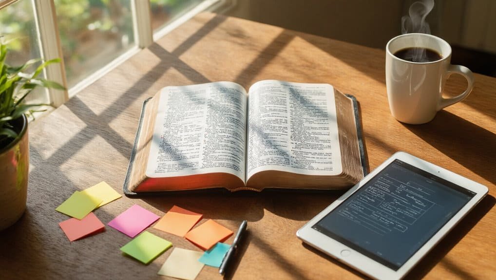 Bible open on a wooden table with colorful sticky notes, a steaming coffee mug, and a tablet displaying scripture notes, representing prayer and Bible study resources for spiritual growth.