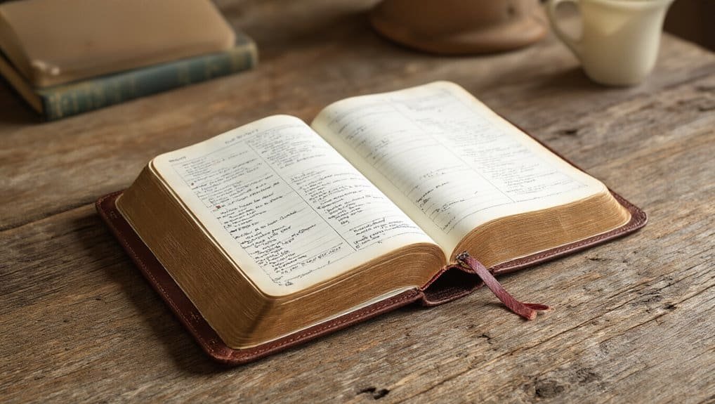 Open Bible on wooden table with church books and mug, emphasizing Christian worship, Bible study, and spiritual growth.