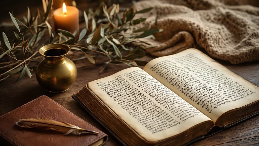 Ancient Bible open on wooden table with candle, olive branch, and quill for inspiring Bible reading and worship. Perfect for Christian devotion, prayer, and spiritual reflection.