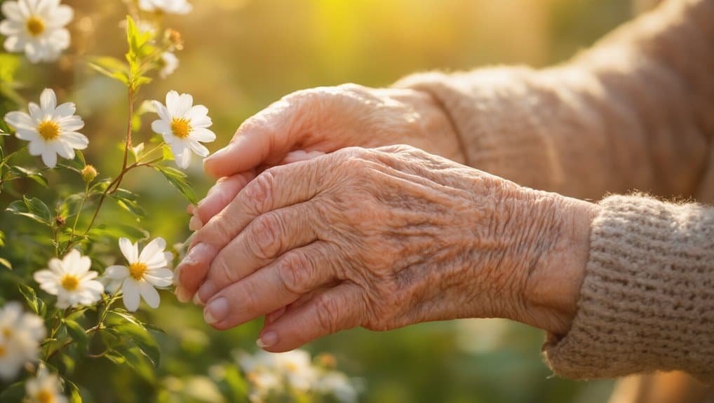 Elderly hands gently holding white flowers in a peaceful outdoor setting, symbolizing faith, hope, and spiritual growth. Perfect for Christian worship, prayer, and Bible song themes.