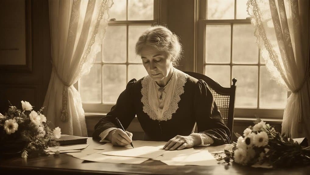 Reflective elderly woman writing at a wooden desk with flowers, in a cozy room with large windows and curtains, evoking themes of faith and reflection for My Bible Song imagery.