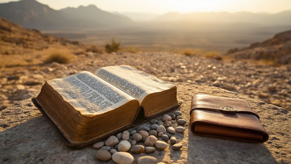 Open Bible resting on rocks in a desert landscape during sunset, symbolizing faith, spirituality, and devotion. Perfect for Christian meditation, worship, and Bible study imagery.