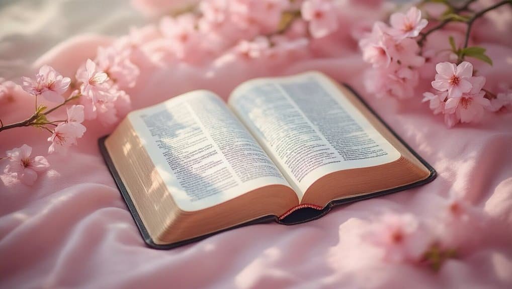 Bible open with pink cherry blossoms on soft pink fabric, symbolizing faith, spirituality, and renewal for Christian worship and prayer.