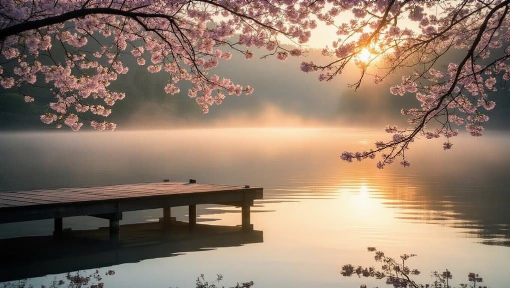 Serene lake scene with blooming cherry blossoms and a wooden dock during sunrise, perfect for relaxing Christian music and inspiring Bible songs.