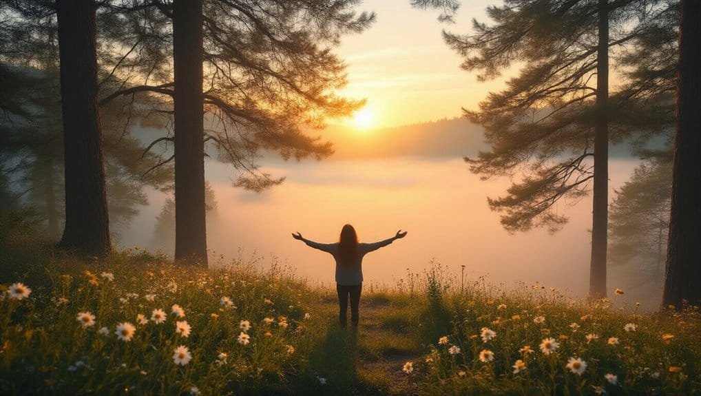 Peaceful sunrise over a misty forest with a woman praying amidst wildflowers, symbolizing faith and spirituality, perfect for Christian worship and prayer themes.