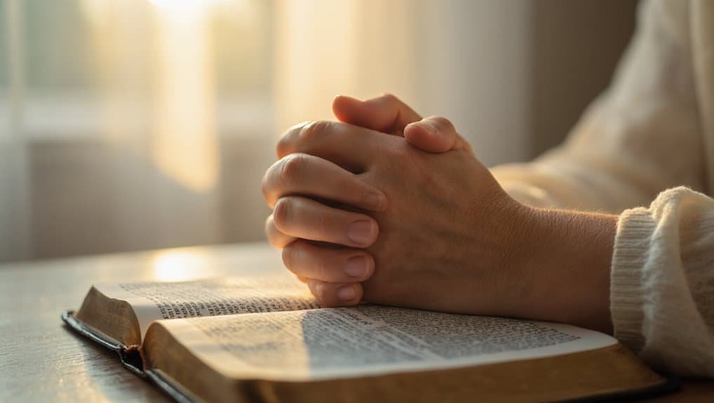 Prayer hands on open Bible, spiritual prayer, Christian worship, faith devotion, religious scripture reading, peaceful prayer moment, Bible study, worshiping God, faith and spirituality, religious practice.