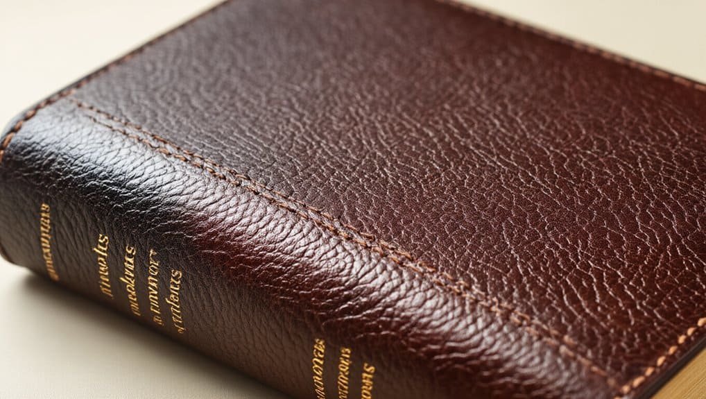 Bible with brown leather cover, showing detailed texture and stitching, highlighting the importance of scripture and Christian faith.