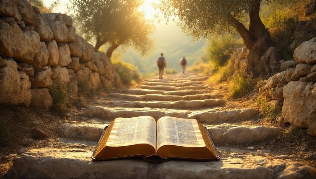 Open Bible on stone pathway through nature at sunrise, symbolizing spiritual journey and faith in God. Perfect image for Christian worship, Bible study, and faith-based content.