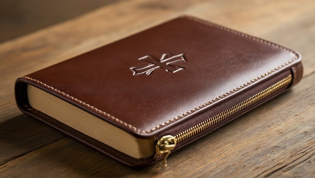 Best Bible Covers to Protect and Personalize Your Bible My Bible Song 2026 Leather-bound Bible with a zipper, symbol of faith, resting on wooden surface.