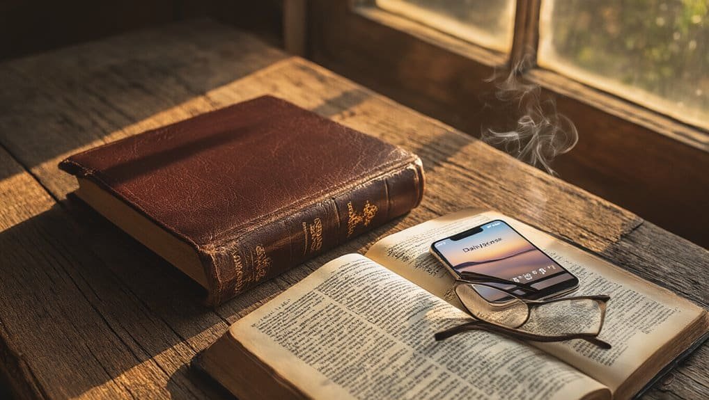 A vintage Bible, a smartphone displaying daily verses, and reading glasses on an open Bible, illuminated by warm sunlight through a window, representing faith-based devotional reading.