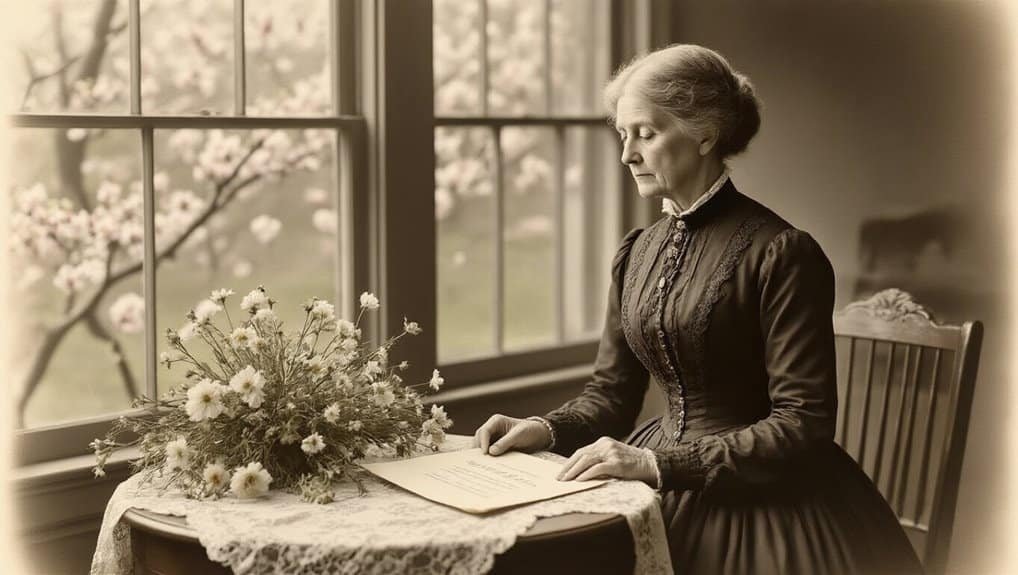 Gentlewoman praying with Bible and flowers, vintage interior, religious devotion, contemplative prayer, timeless faith scene, somber mood, spiritual reflection, Christian worship, calm and peaceful atmosphere.