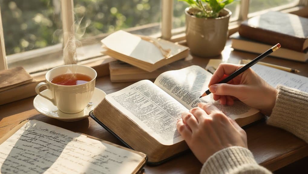 A person writing in a Bible with a pen, surrounded by books, a steaming cup of tea, and a potted plant, near a window with natural sunlight, creating a peaceful and inspiring Bible study setting.