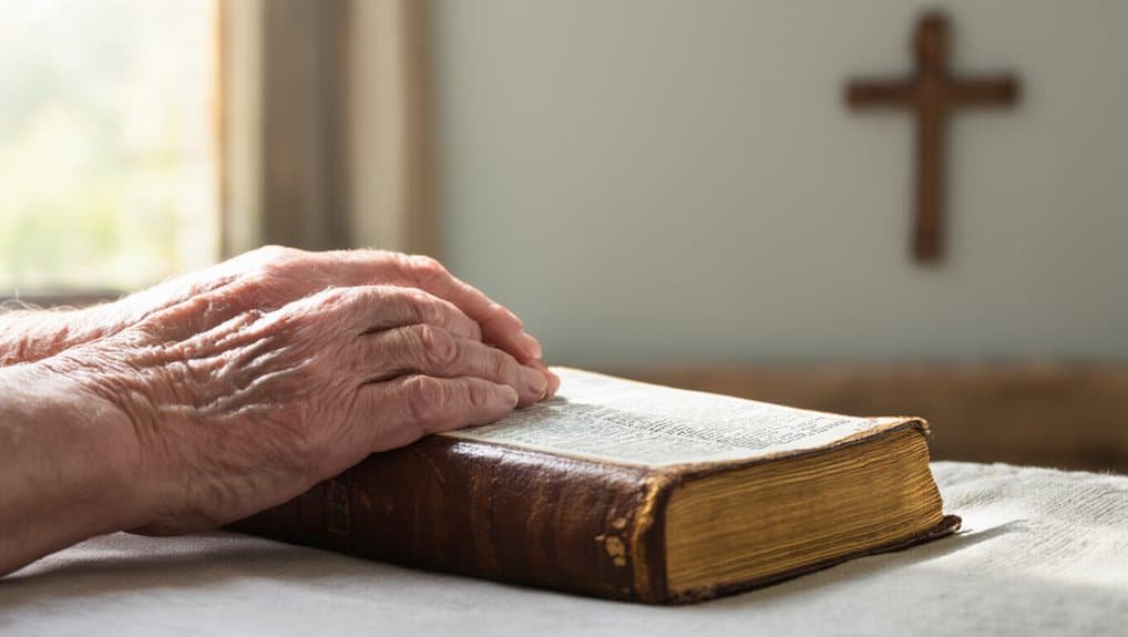 Old worn Bible resting on a table with prayer hands on top, representing faith, devotion, and spiritual reflection. Perfect for promoting Christian worship, Bible study, and religious resources.