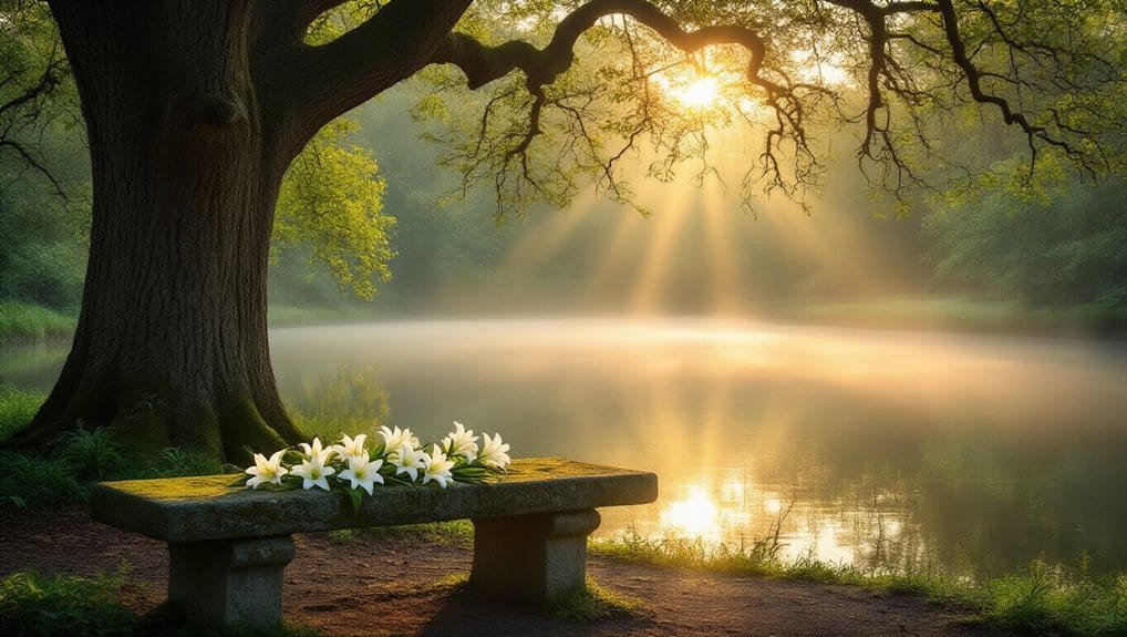 Tranquil nature scene with a large tree, a peaceful lake, and sunlight streaming through the branches, creating a serene atmosphere perfect for reflection and spiritual inspiration.