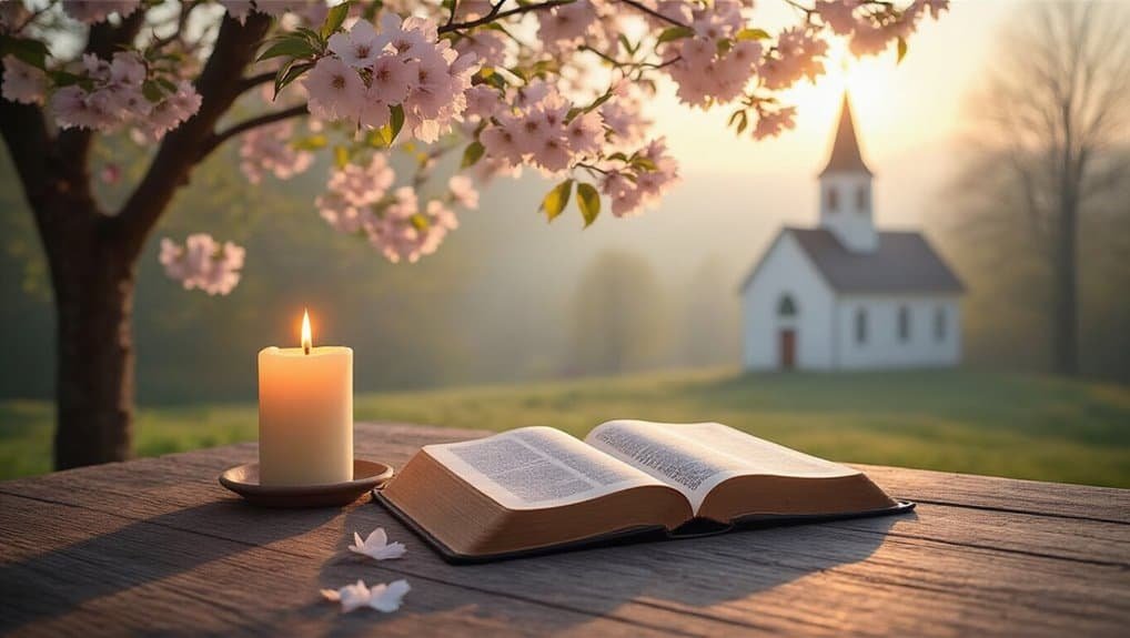 Bible open on wooden table with lit candle, pink cherry blossoms, and church in sunset background - My Bible Song.